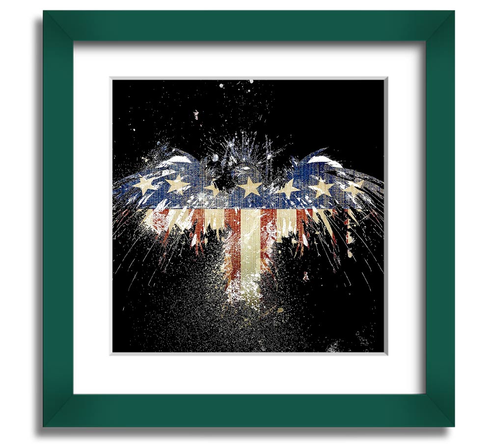 A beautifully framed print of an eagle against the American flag, showcasing vibrant colors and intricate details.