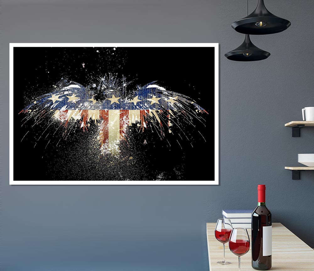 A vibrant canvas poster featuring an eagle soaring against the American flag, symbolizing patriotism and freedom.