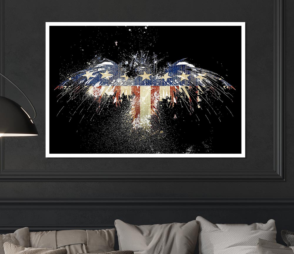 A vibrant canvas poster featuring an eagle soaring against the American flag, symbolizing patriotism and freedom.