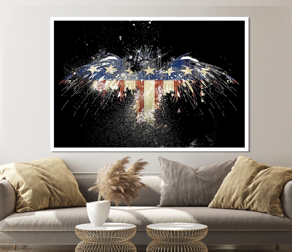 A vibrant canvas poster featuring an eagle soaring against the American flag, symbolizing patriotism and freedom.