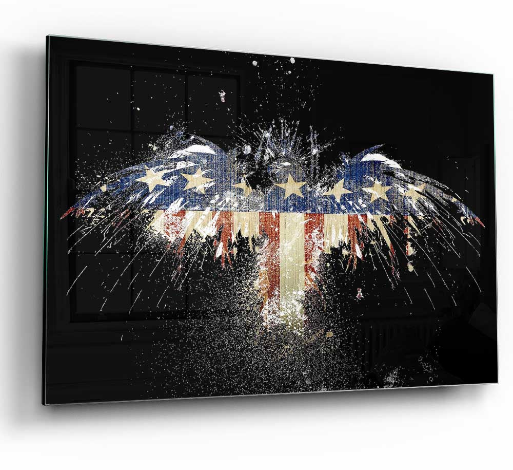 A vibrant glass print featuring an eagle soaring against the American flag, showcasing modern art and patriotism.