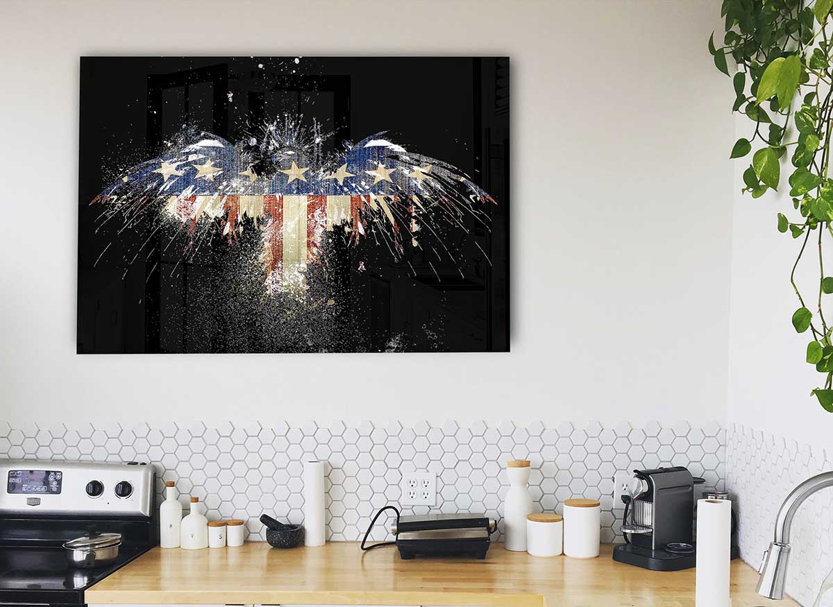 A vibrant glass print featuring an eagle soaring against the American flag, showcasing modern art and patriotism.