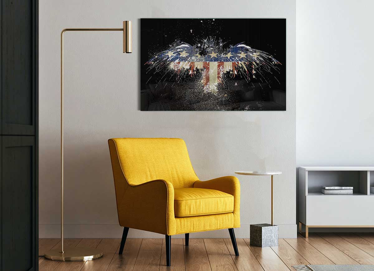 A vibrant glass print featuring an eagle soaring against the American flag, showcasing modern art and patriotism.