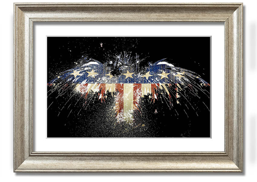 Framed print of an eagle soaring over the American flag, showcasing vibrant colors and intricate details.