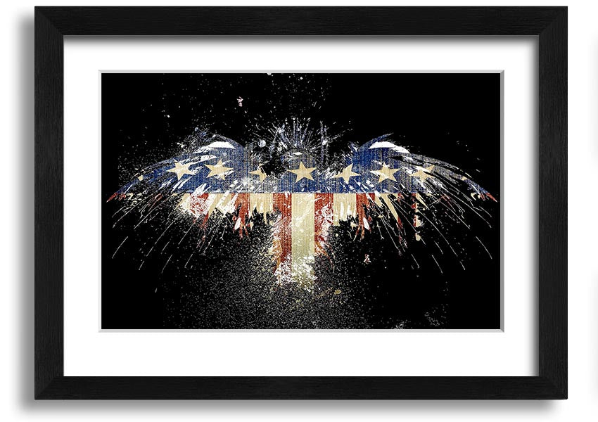 Framed print of an eagle soaring over the American flag, showcasing vibrant colors and intricate details.