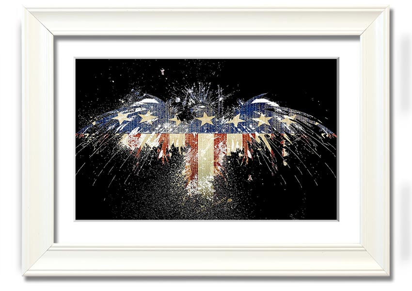 Framed print of an eagle soaring over the American flag, showcasing vibrant colors and intricate details.