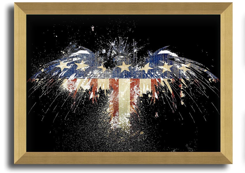 Framed print of an eagle soaring over the American flag, showcasing vibrant colors and intricate details.