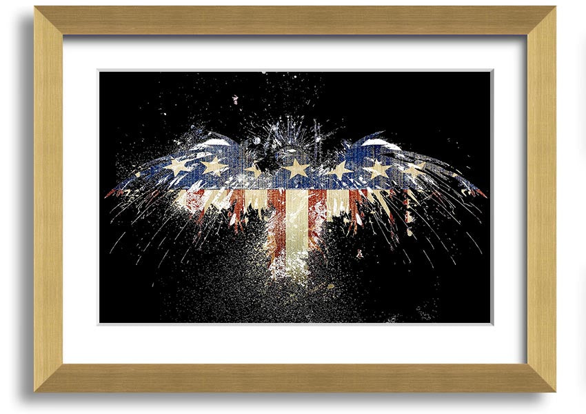 Framed print of an eagle soaring over the American flag, showcasing vibrant colors and intricate details.