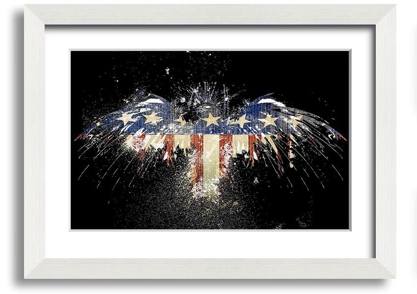 Framed print of an eagle soaring over the American flag, showcasing vibrant colors and intricate details.