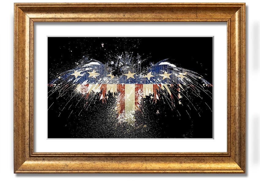 Framed print of an eagle soaring over the American flag, showcasing vibrant colors and intricate details.