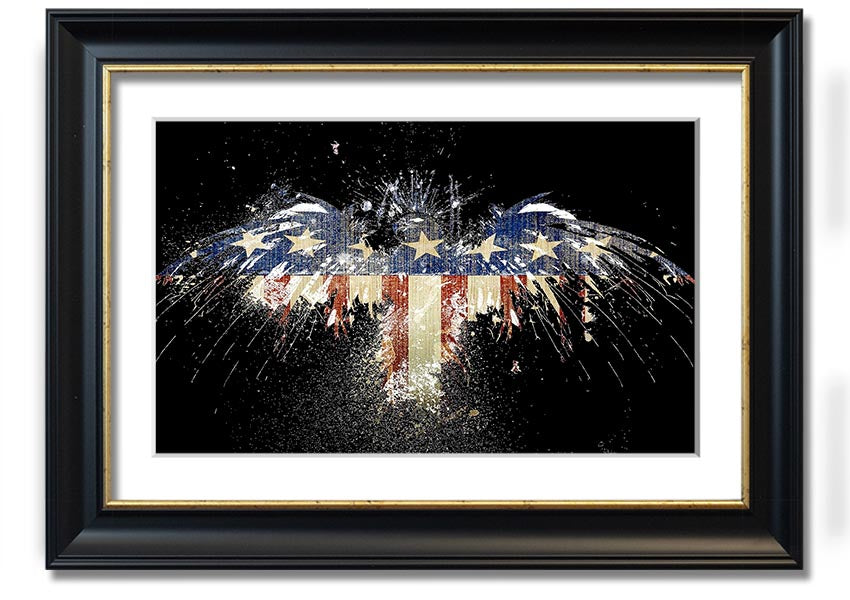 Framed print of an eagle soaring over the American flag, showcasing vibrant colors and intricate details.