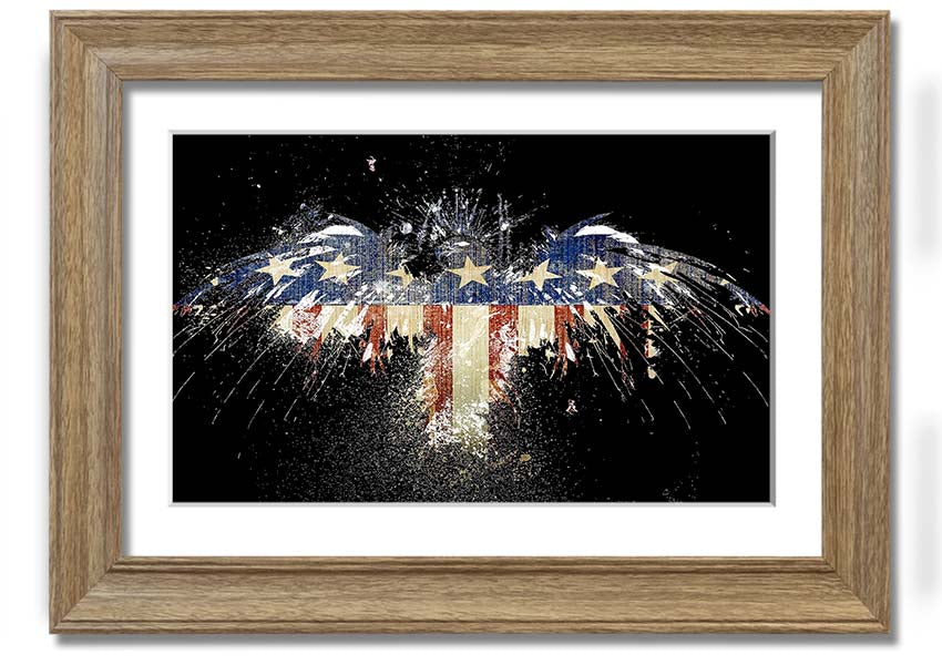 Framed print of an eagle soaring over the American flag, showcasing vibrant colors and intricate details.