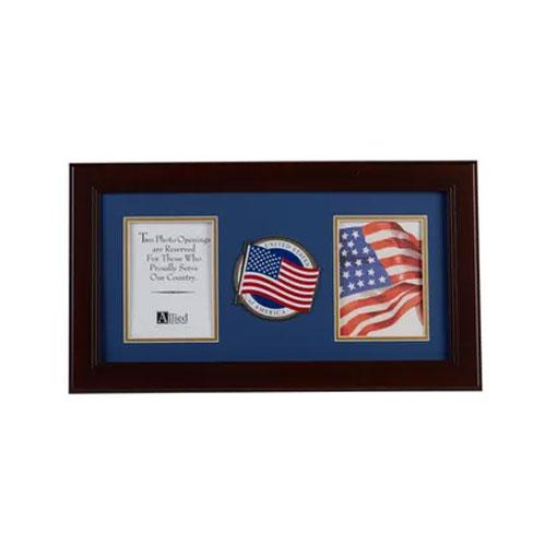 American Flag Medallion Double Picture Frame with blue matting and gold trim, holding two 4x6 inch photos.