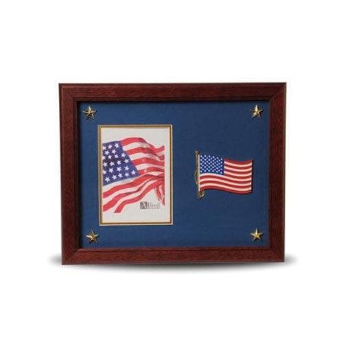 American Flag Medallion 5 by 7 Picture Frame with Stars, featuring a mahogany wood finish and gold-trimmed blue matting.