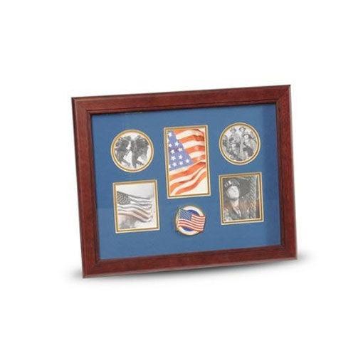 American Flag Medallion 5 by 7 Picture Frame with Stars, featuring a mahogany wood finish and gold-trimmed blue matting.