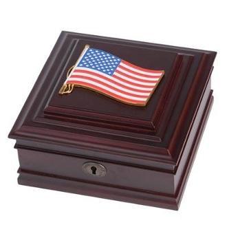 American Flag Medallion Desktop Box made of mahogany wood with brass lock and felt-lined interior, measuring 8x8x4 inches.