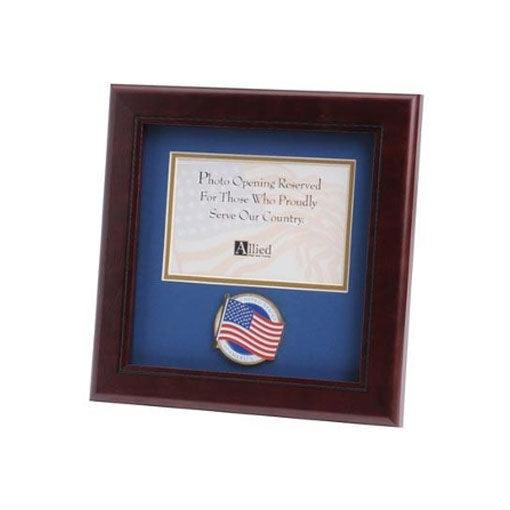 American Flag Medallion Landscape Picture Frame in mahogany wood, featuring blue matting and gold trim, designed for 4x6 photos.