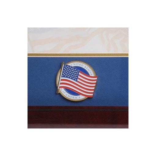 American Flag Medallion Landscape Picture Frame in mahogany wood, featuring blue matting and gold trim, designed for 4x6 photos.