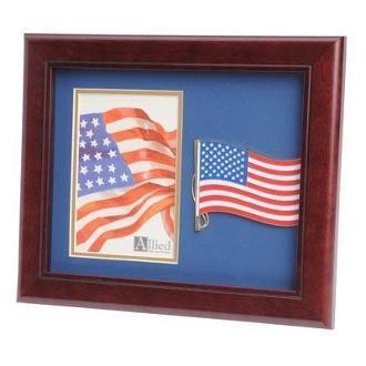 American Flag Medallion Portrait Picture Frame in mahogany wood, featuring blue matting and gold trim, designed for 4x6 photos.