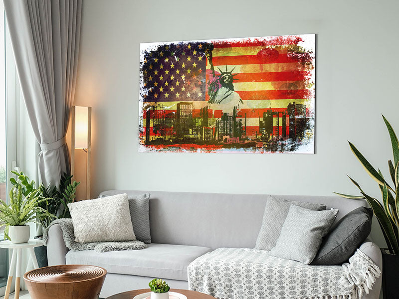 American Flag NYC art piece printed on brushed aluminium dibond, showcasing vibrant colors and modern design.