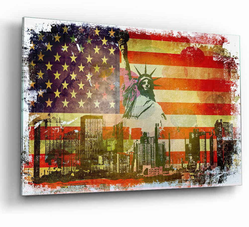 A modern glass print featuring the American flag, showcasing vibrant colors and sleek design, perfect for home or office decor.