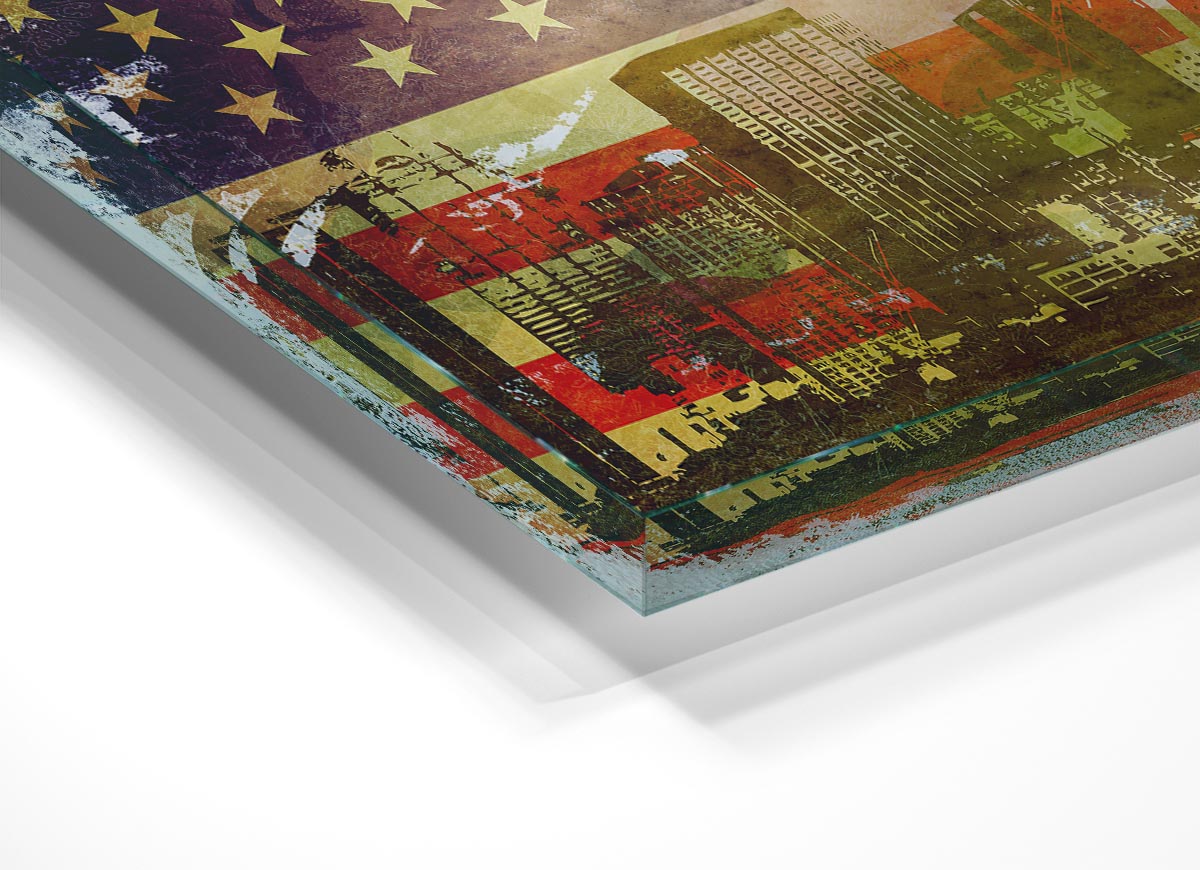 A modern glass print featuring the American flag, showcasing vibrant colors and sleek design, perfect for home or office decor.