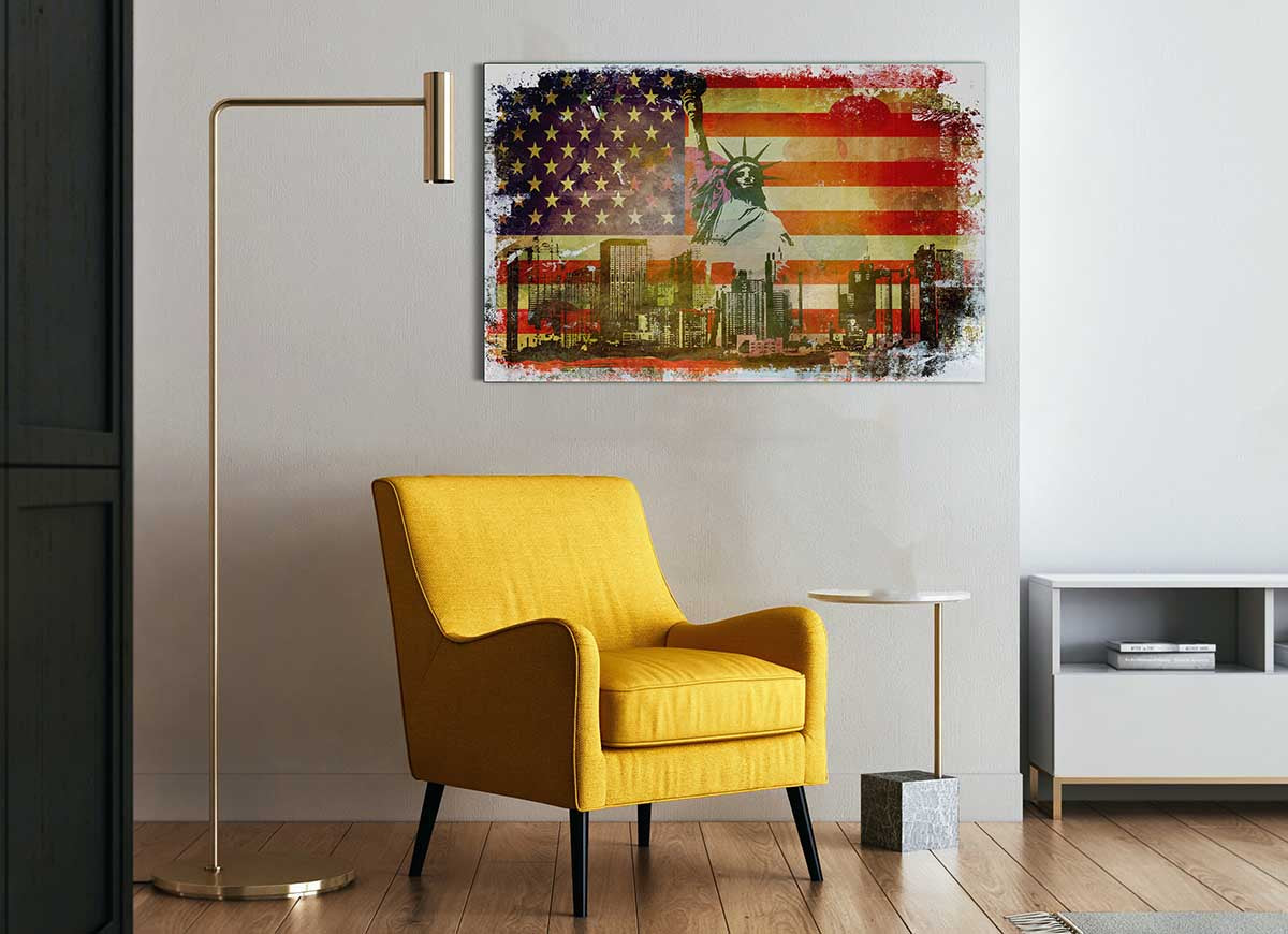 A modern glass print featuring the American flag, showcasing vibrant colors and sleek design, perfect for home or office decor.