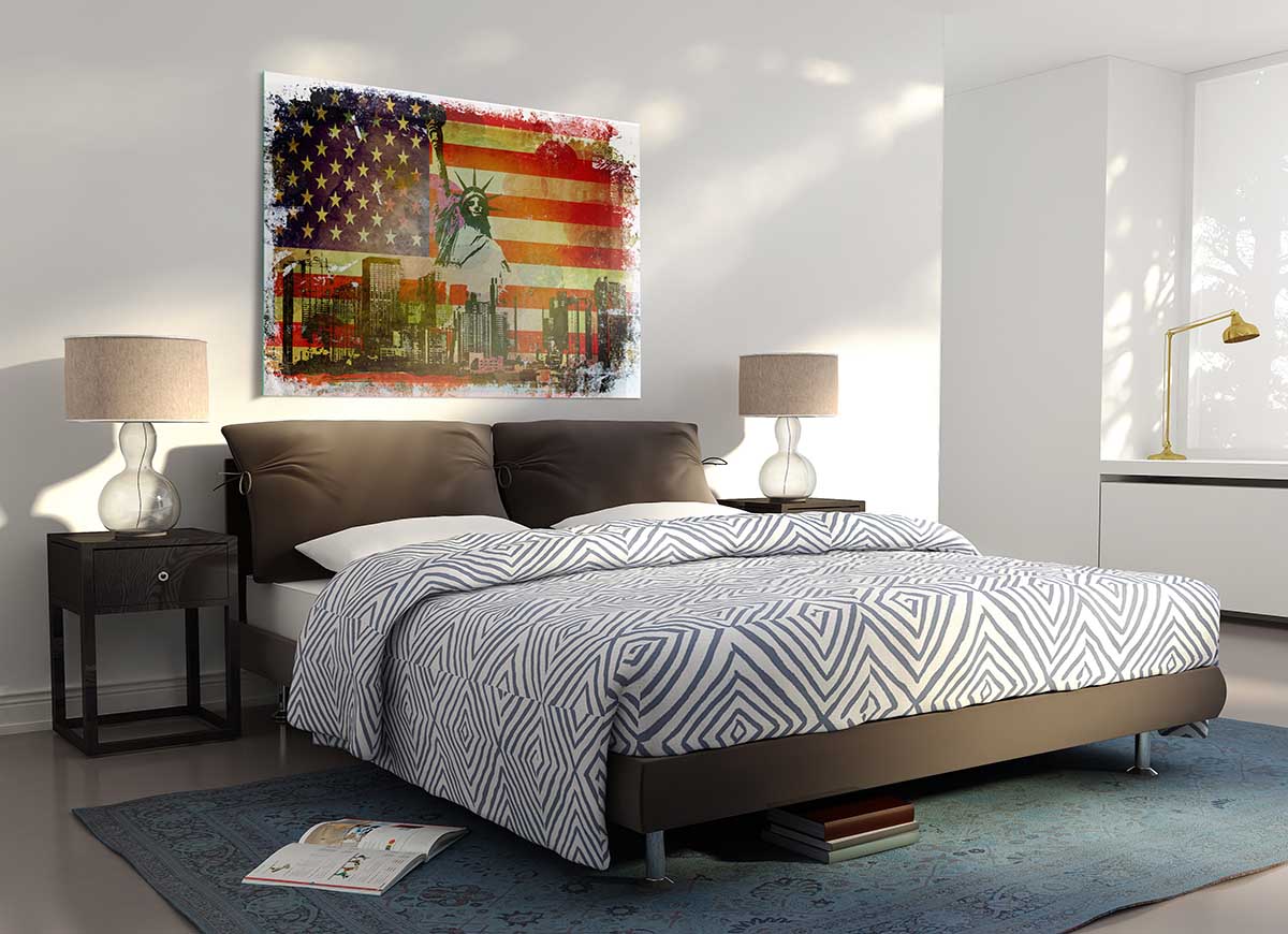 A modern glass print featuring the American flag, showcasing vibrant colors and sleek design, perfect for home or office decor.