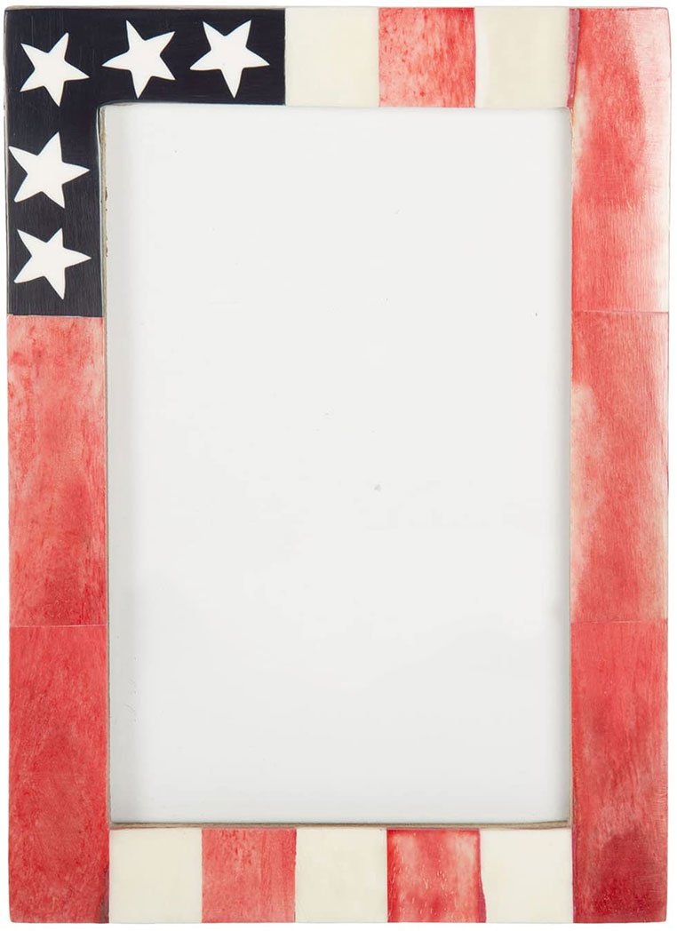 Handmade American Flag Picture Frame with buffalo bone inlay, featuring red and white stripes and white stars, designed for 4x6 inch photos.