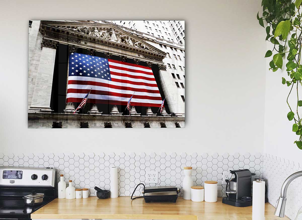 A modern glass print featuring the American flag, showcasing vibrant colors and sleek design, perfect for home or office decor.