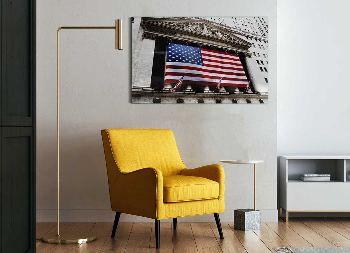 A modern glass print featuring the American flag, showcasing vibrant colors and sleek design, perfect for home or office decor.