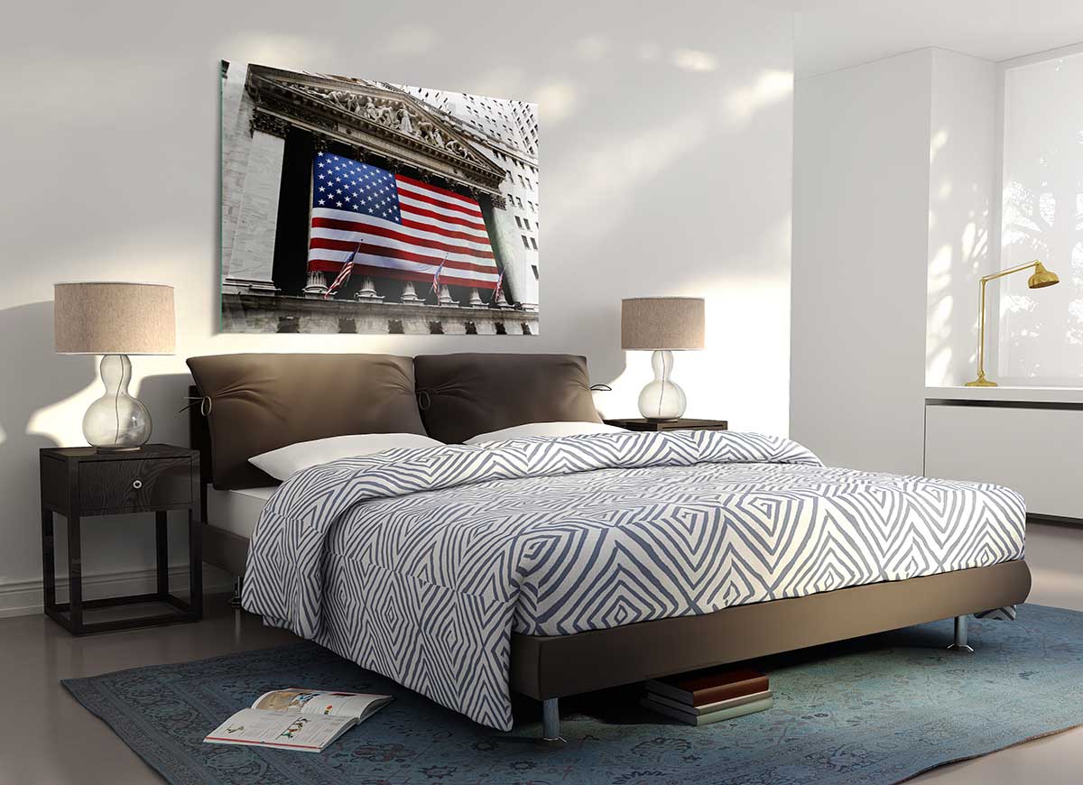 A modern glass print featuring the American flag, showcasing vibrant colors and sleek design, perfect for home or office decor.