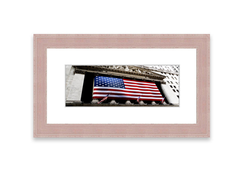 Framed print of the American flag with Wall Street theme, handmade in the UK, available in various frame colors.