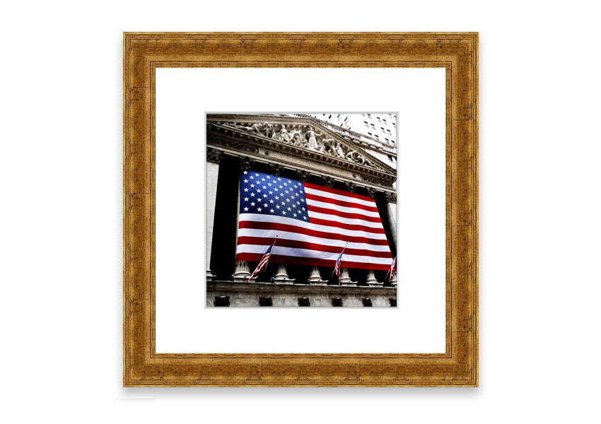 Framed print of the American flag with Wall Street theme, handmade in the UK, available in various frame colors.