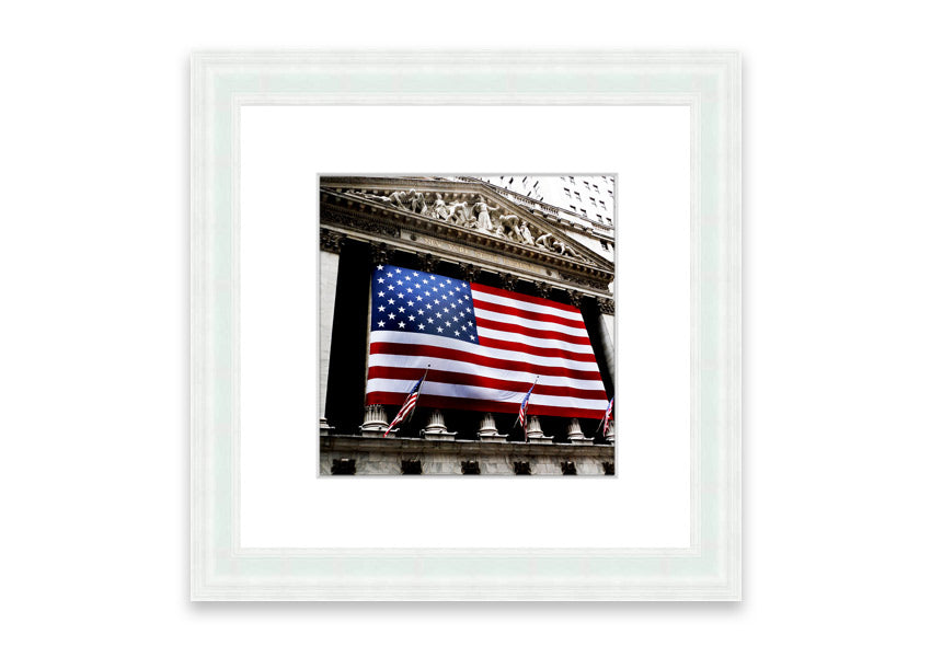 Framed print of the American flag with Wall Street theme, handmade in the UK, available in various frame colors.