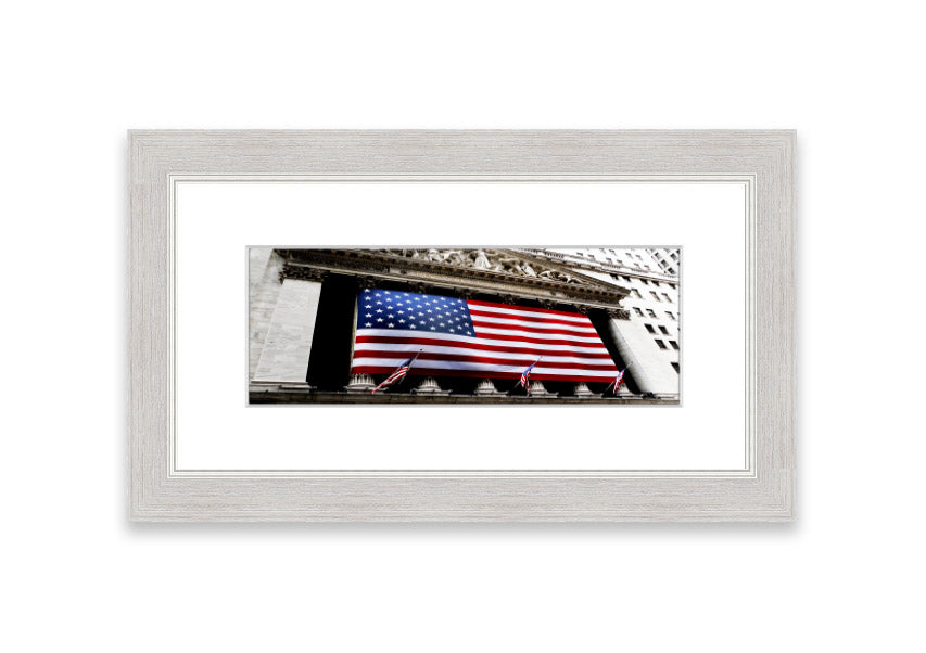 Framed print of the American flag with Wall Street theme, handmade in the UK, available in various frame colors.