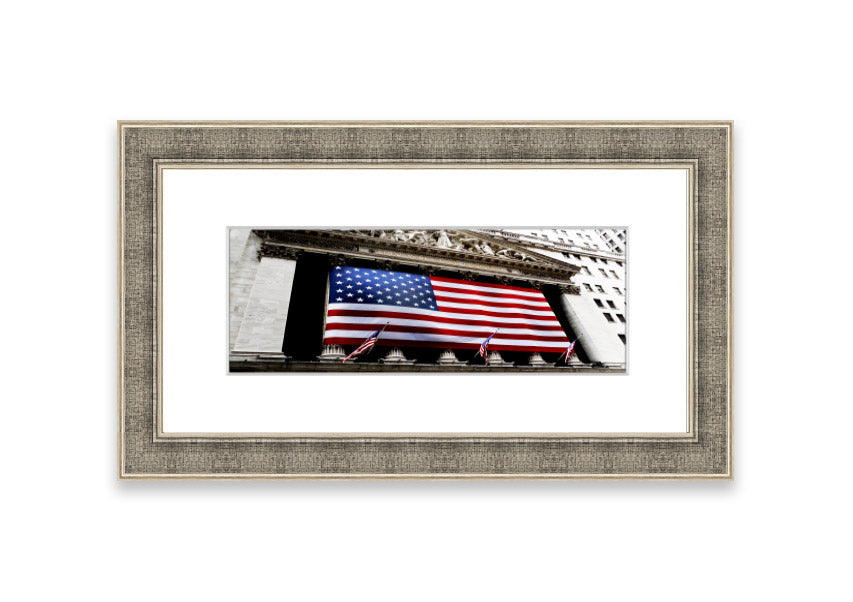 Framed print of the American flag with Wall Street theme, handmade in the UK, available in various frame colors.