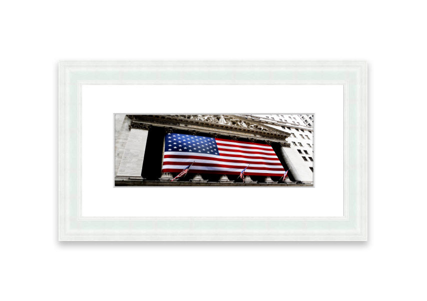 Framed print of the American flag with Wall Street theme, handmade in the UK, available in various frame colors.