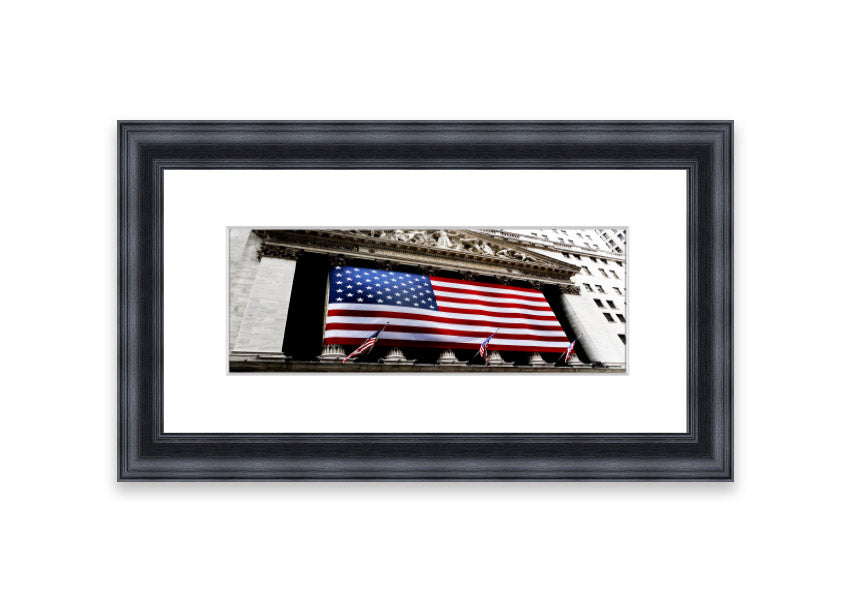 Framed print of the American flag with Wall Street theme, handmade in the UK, available in various frame colors.