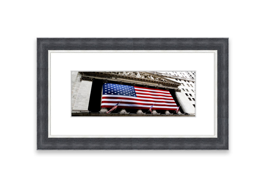 Framed print of the American flag with Wall Street theme, handmade in the UK, available in various frame colors.