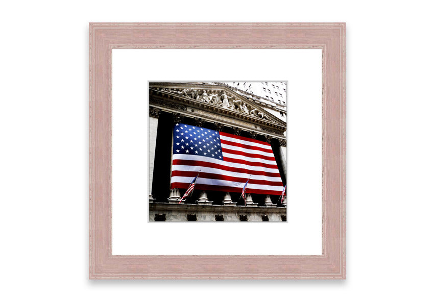 Framed print of the American flag with Wall Street theme, handmade in the UK, available in various frame colors.