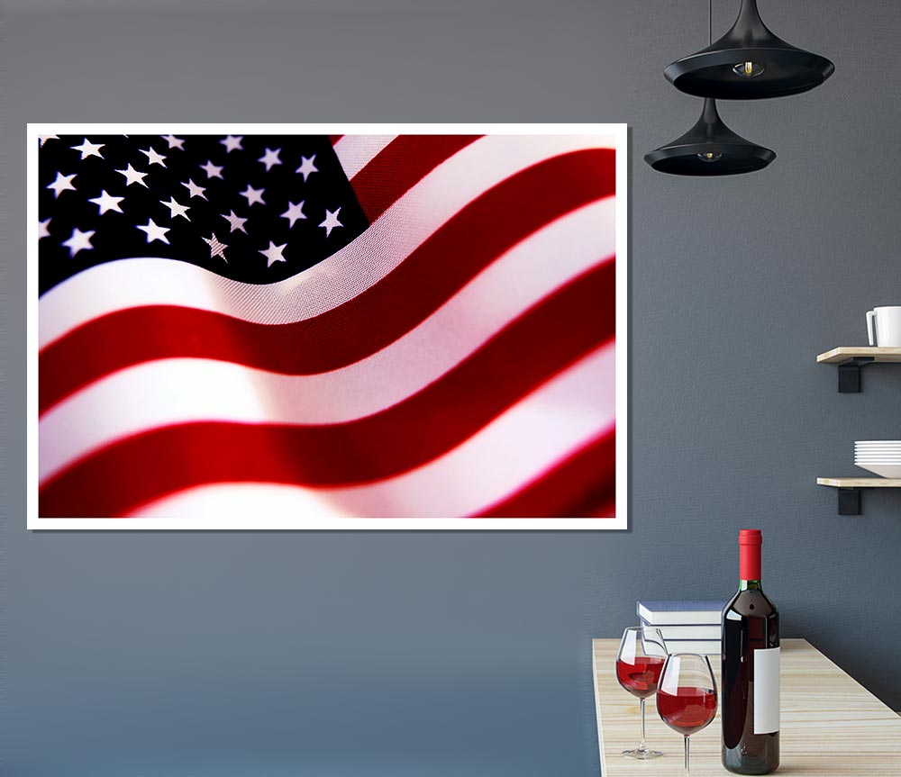 A vibrant American Flag poster printed on high-quality canvas, showcasing detailed colors and design, ready for display or framing.