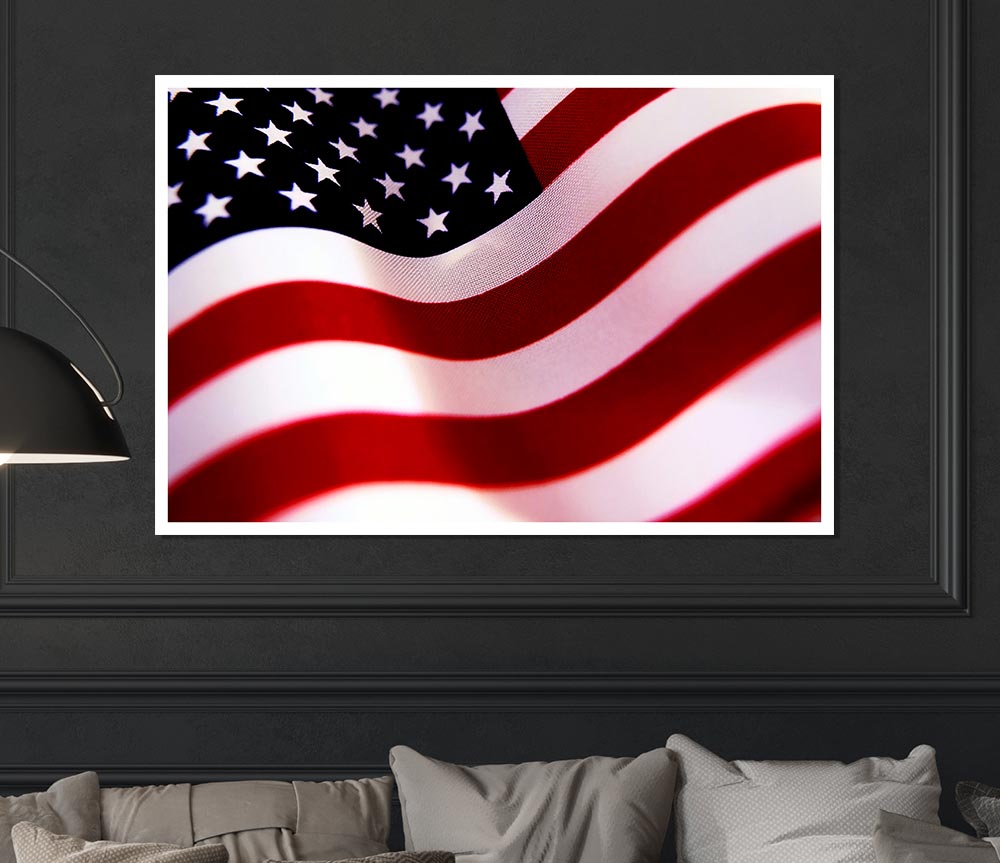 A vibrant American Flag poster printed on high-quality canvas, showcasing detailed colors and design, ready for display or framing.