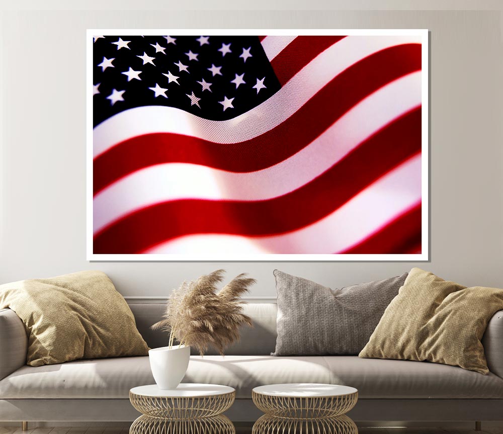 A vibrant American Flag poster printed on high-quality canvas, showcasing detailed colors and design, ready for display or framing.