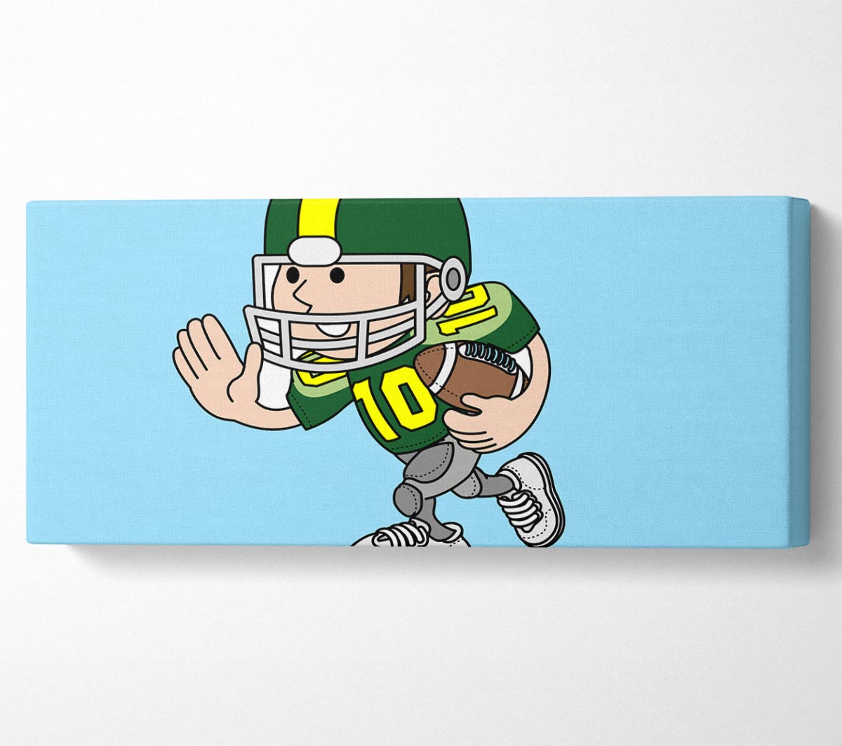 American Football Sport Player canvas in baby blue, featuring a football player in action, mounted on a sturdy box frame.