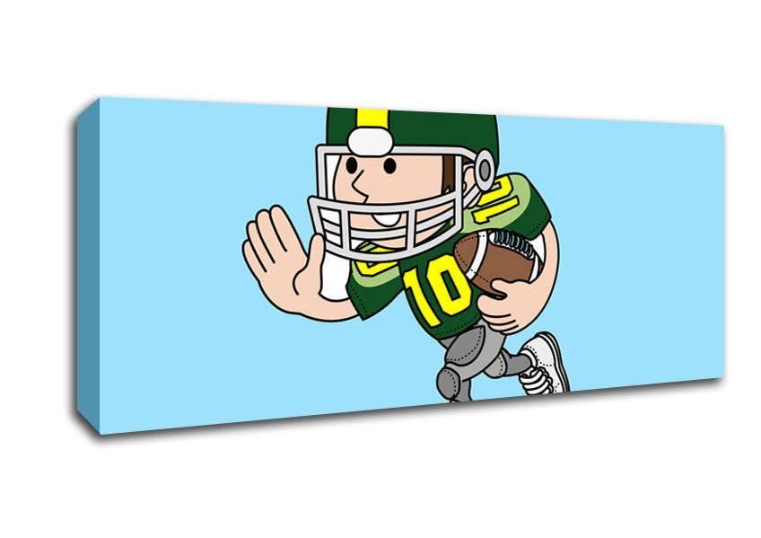 American Football Sport Player canvas in baby blue, featuring a football player in action, mounted on a sturdy box frame.