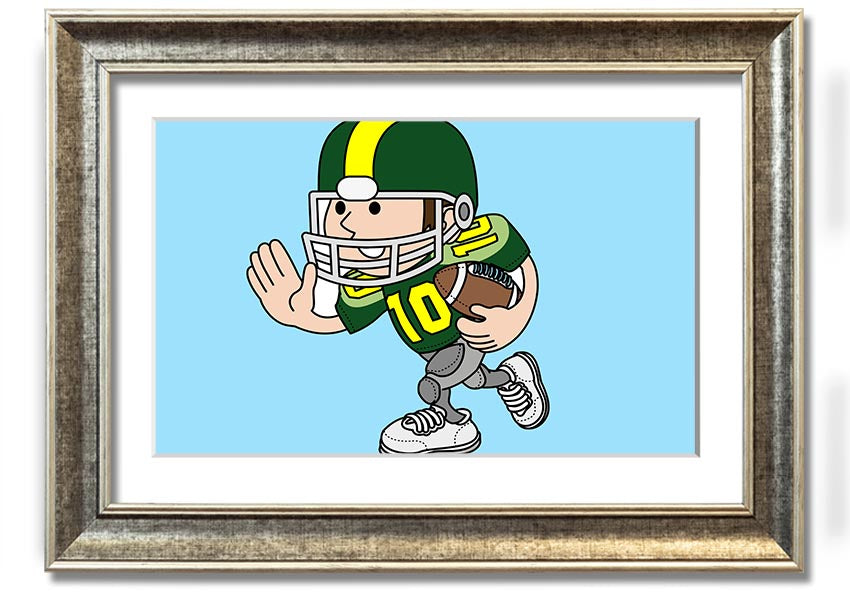 Framed print of an American football player in baby blue, showcasing vibrant colors and dynamic design.