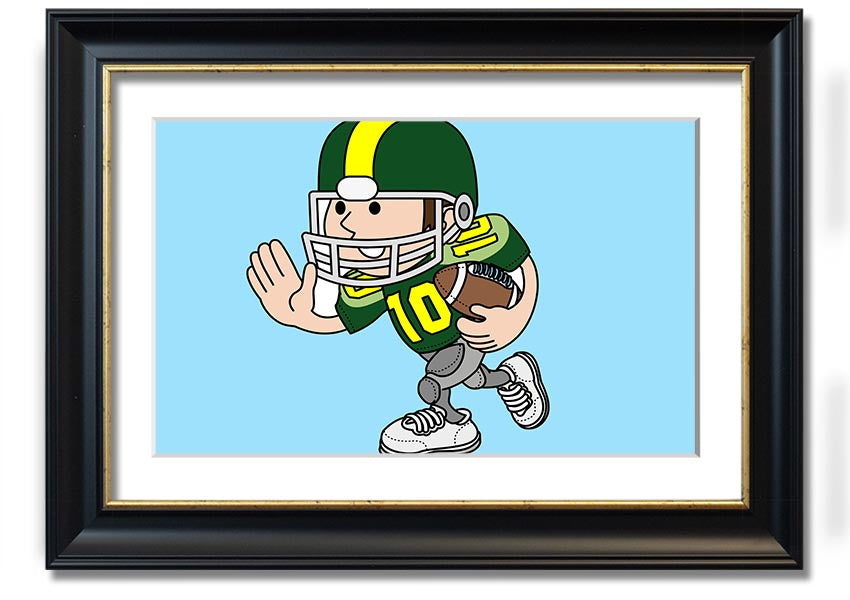 Framed print of an American football player in baby blue, showcasing vibrant colors and dynamic design.