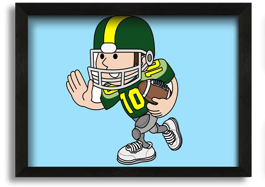 Framed print of an American football player in baby blue, showcasing vibrant colors and dynamic design.