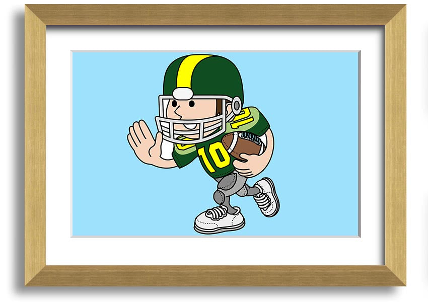 Framed print of an American football player in baby blue, showcasing vibrant colors and dynamic design.